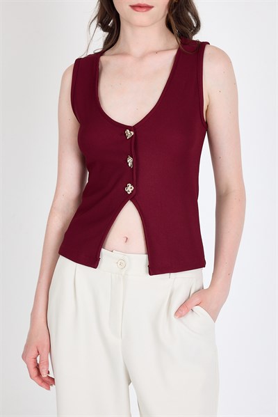 Bordo Düğme Detaylı V Yaka Bluz 018