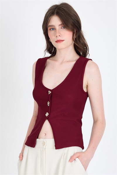 Bordo Düğme Detaylı V Yaka Bluz 018
