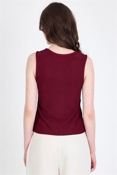 Bordo Düğme Detaylı V Yaka Bluz 018