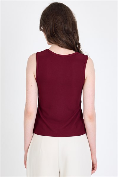 Bordo Düğme Detaylı V Yaka Bluz 018