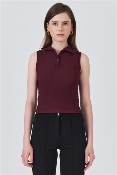 Bordo Düğmeli Polo Yaka Sıfır Kol Örme Bluz 2219