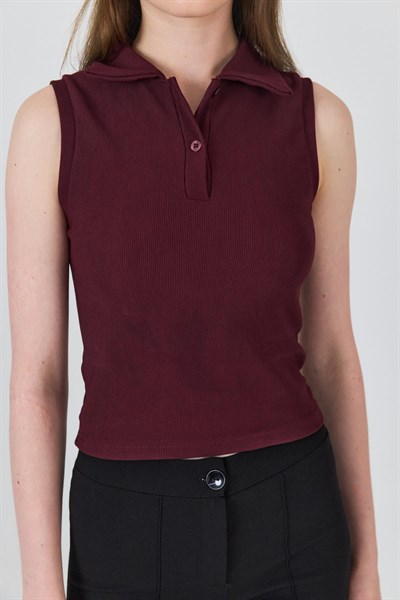 Bordo Düğmeli Polo Yaka Sıfır Kol Örme Bluz 2219