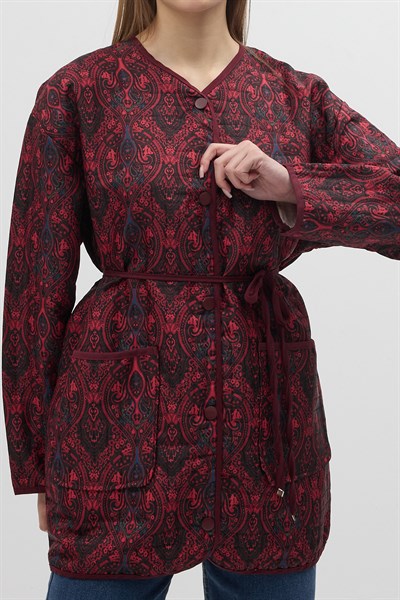 Bordo Etnik Desenli Kapitone Bel Bağlamalı Kadın Ceket 3496