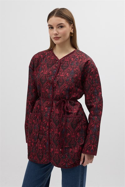Bordo Etnik Desenli Kapitone Bel Bağlamalı Kadın Ceket 3496