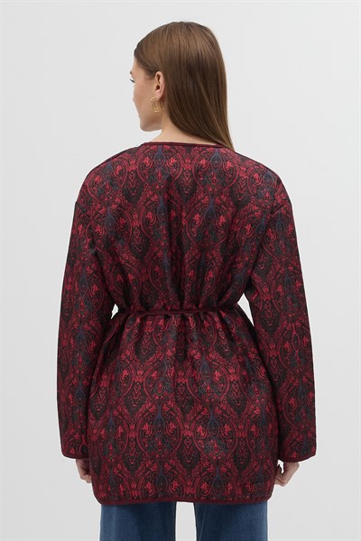 Bordo Etnik Desenli Kapitone Bel Bağlamalı Kadın Ceket 3496