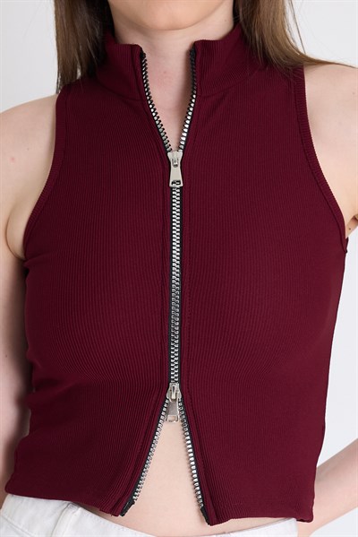 Bordo Fermuar Detaylı Kolsuz Crop Bluz 2226
