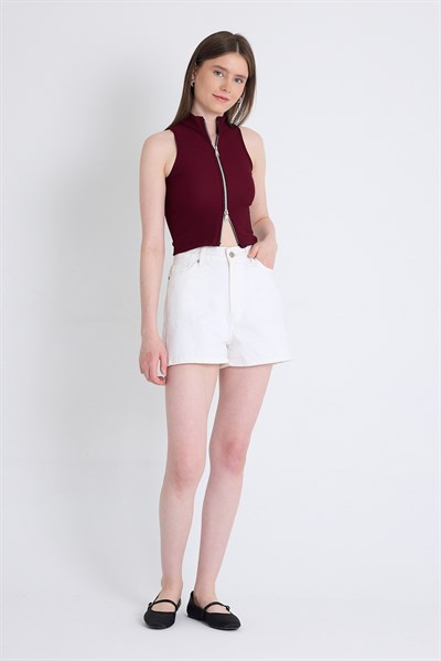 Bordo Fermuar Detaylı Kolsuz Crop Bluz 2226