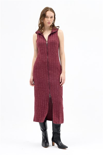 Bordo Fermuarlı Dik Yaka Triko Elbise 8152A