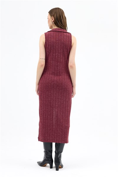 Bordo Fermuarlı Dik Yaka Triko Elbise 8152A