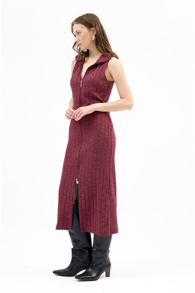Bordo Fermuarlı Dik Yaka Triko Elbise 8152A