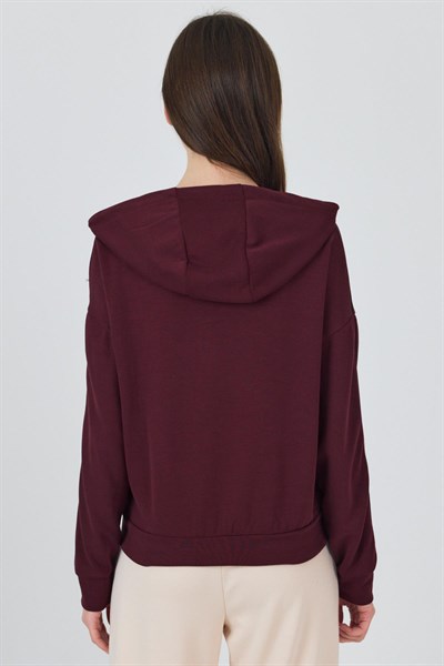 Bordo Fermuarlı Kapüşonlu Şerit Detaylı Sweatshirt 3045