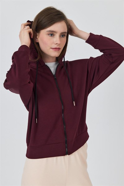 Bordo Fermuarlı Kapüşonlu Şerit Detaylı Sweatshirt 3045