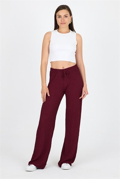Bordo Geniş Paça Dökümlü Bürümcük Kumaş Pantolon 326