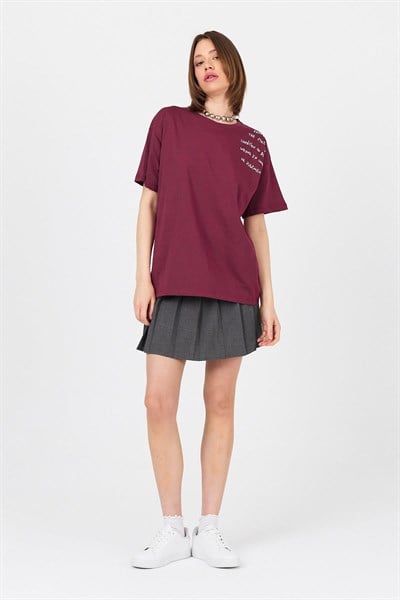 Bordo Göğüs Yazı Baskılı Pamuklu Oversize Tişört 2150-31M