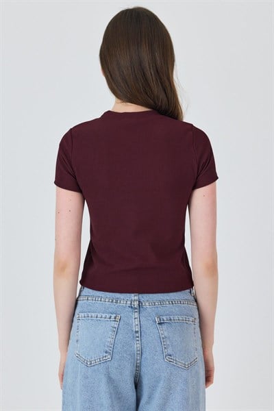 Bordo İnci Kurdele İşlemeli Crop Slim Fit Tişört 2229