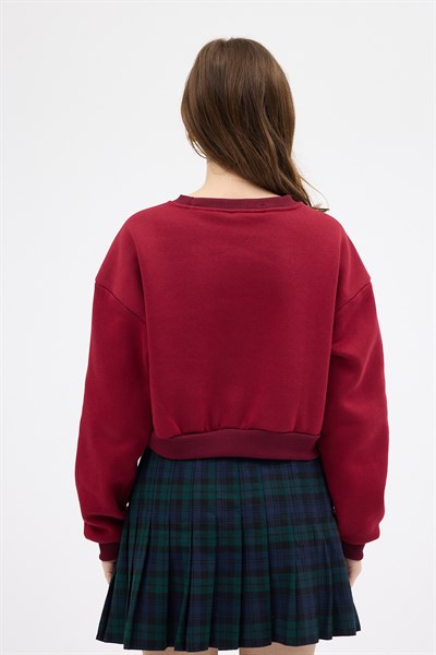 Bordo Kadın Crop Bisiklet Yaka Sweatshirt 9210M