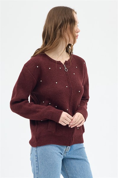 Bordo Kadın Fermuarlı Taş Detaylı Triko Hırka 6405