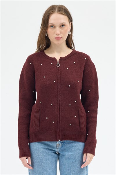Bordo Kadın Fermuarlı Taş Detaylı Triko Hırka 6405