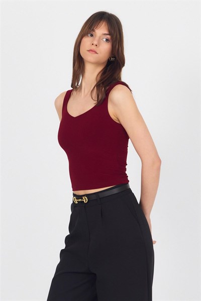 Bordo Kalın Askılı V Yaka Bluz 13293