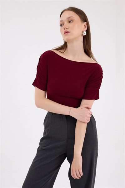 Bordo Kayık Yaka Kol Büzgülü Bluz 2515
