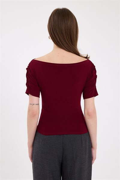 Bordo Kayık Yaka Kol Büzgülü Bluz 2515