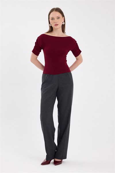 Bordo Kayık Yaka Kol Büzgülü Bluz 2515