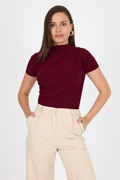 Bordo Kısa Kol Büzgülü Sandy Bluz 2417