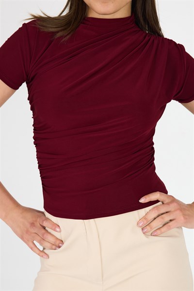 Bordo Kısa Kol Büzgülü Sandy Bluz 2417