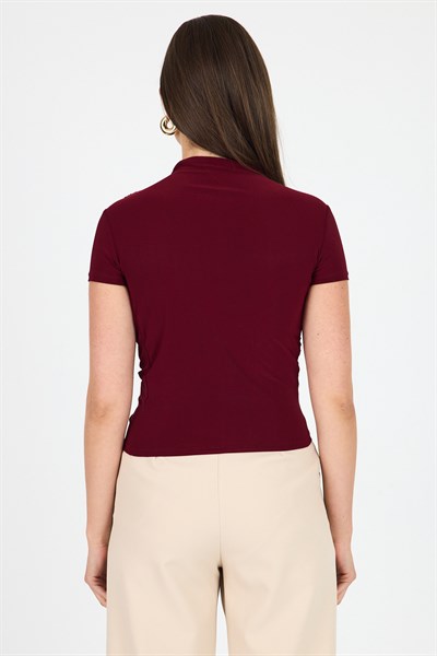 Bordo Kısa Kol Büzgülü Sandy Bluz 2417