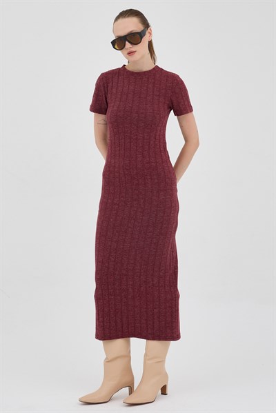 Bordo Kısa Kol Fitilli Dar Elbise 8131A