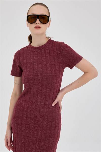 Bordo Kısa Kol Fitilli Dar Elbise 8131A