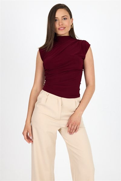 Bordo Kolsuz Büzgülü Sandy Bluz 2430