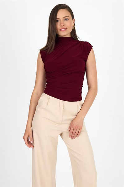 Bordo Kolsuz Büzgülü Sandy Bluz 2430