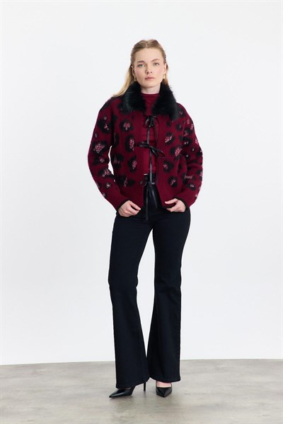 Bordo Kürklü Leopar Hırka 22289