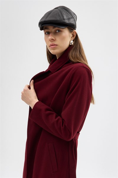 Bordo Kuşaklı Uzun Astarlı Kadın Kaban 7242A