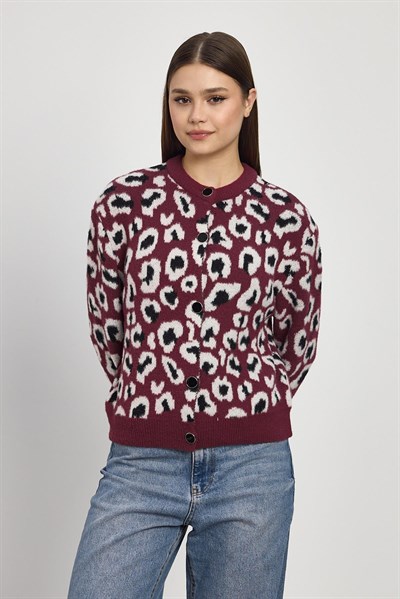 Bordo Leopar Detay Triko Hırka 24367