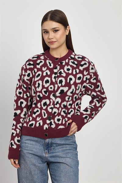 Bordo Leopar Detay Triko Hırka 24367
