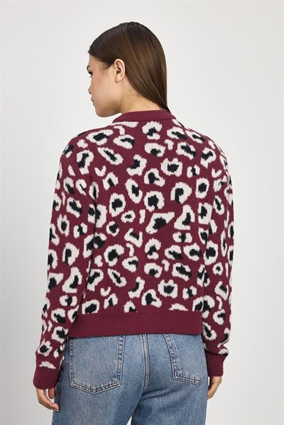 Bordo Leopar Detay Triko Hırka 24367
