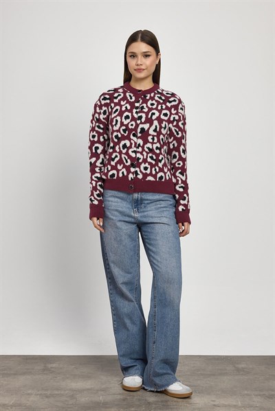 Bordo Leopar Detay Triko Hırka 24367