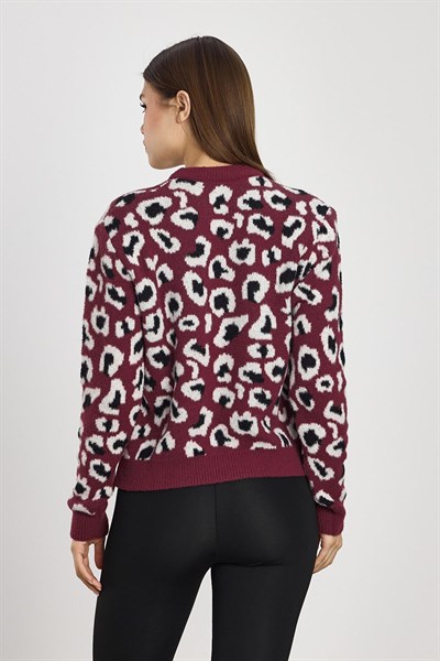 Bordo Leopar Detay Triko Kazak 24342
