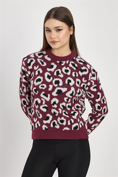 Bordo Leopar Detay Triko Kazak 24342