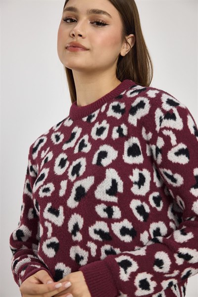 Bordo Leopar Detay Triko Kazak 24342