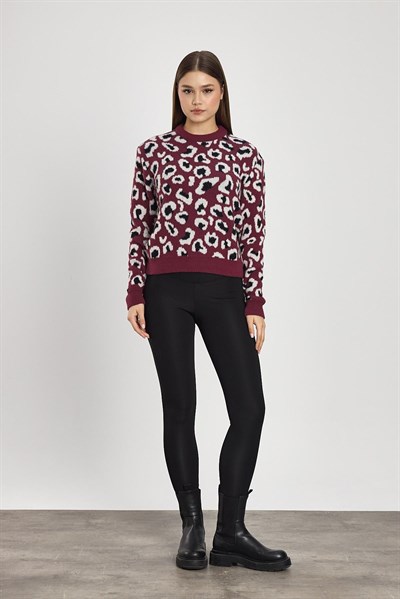 Bordo Leopar Detay Triko Kazak 24342