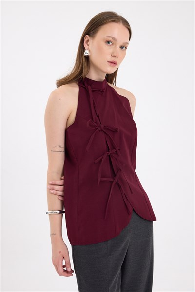 Bordo Ön Bağlama Detaylı Halter Yaka Bluz 8094A
