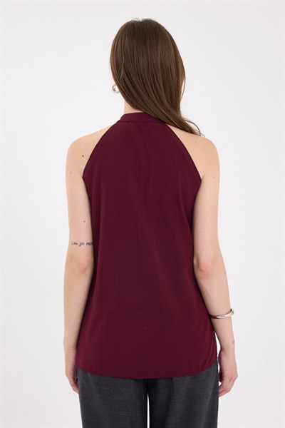 Bordo Ön Bağlama Detaylı Halter Yaka Bluz 8094A
