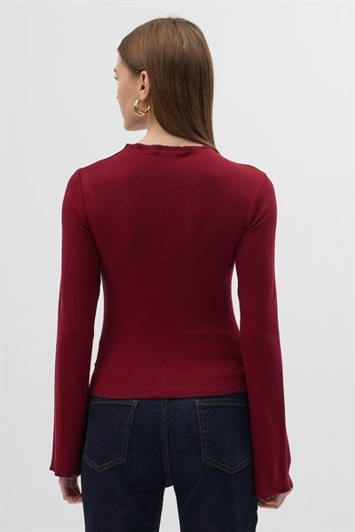 Bordo Ön Büzgülü Uzun Kollu Bluz 8178A