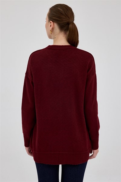 Bordo Oversize Bisiklet Yaka Kadın Kazak 2345