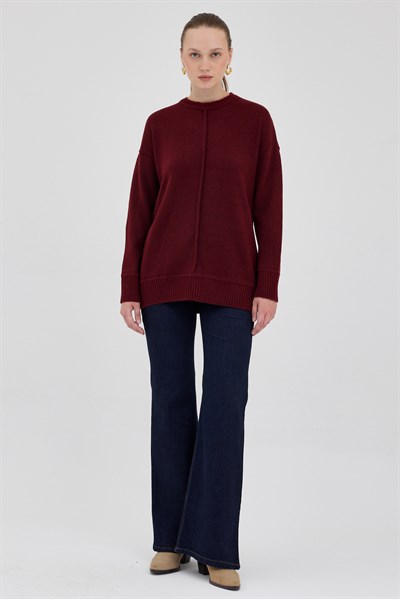 Bordo Oversize Bisiklet Yaka Kadın Kazak 2345