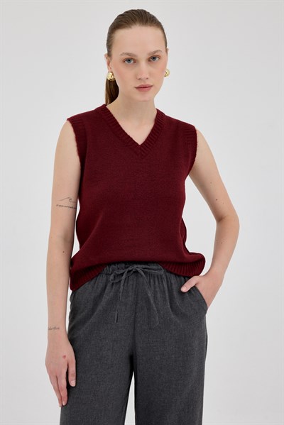 Bordo Oversize V Yaka Kadın Süveter 2292