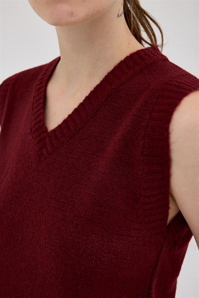 Bordo Oversize V Yaka Kadın Süveter 2292